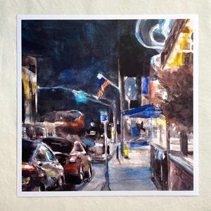 Night Stroll - Giclee Art Print of Original Watercolor and Ink Painting, Watercolor Wall Art Print, Cityscape Art, Urban Art Print