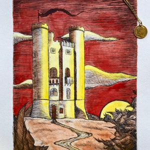 Sundowner - 9x10,5 ”Burg Intaglio-Druck, dunkle und düstere Kunst, Fantasy-Kunstdruck, dunkles Schloss Kunstdruck, Sonnenuntergang Schloss Kunstdruck