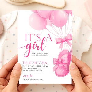 Baby Shower Invitation, Editable It&#39;s A Girl Invitation, Pink Girl Baby Shower Invite, Pink Bow Invitation, Girl Baby Shower