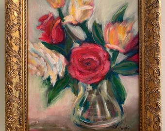 抽象画 薔薇 抽象的なバラの絵画：オリジナルの花のアート、5x5インチのテーブル