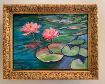 夕焼けの睡蓮 油絵：カラフルな水の反射アート、12x16インチ