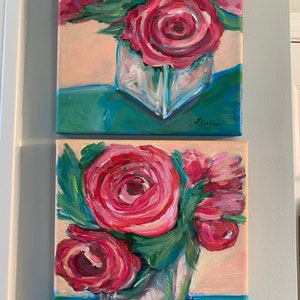 Painting Original Handmade Red Roses 8” by 8” Set of Two