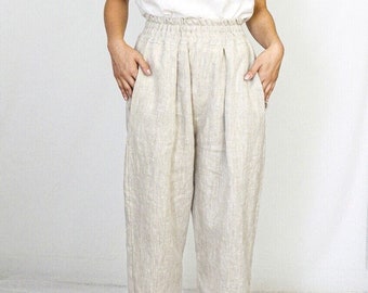 Linen Pants High Waist in Oatmeal