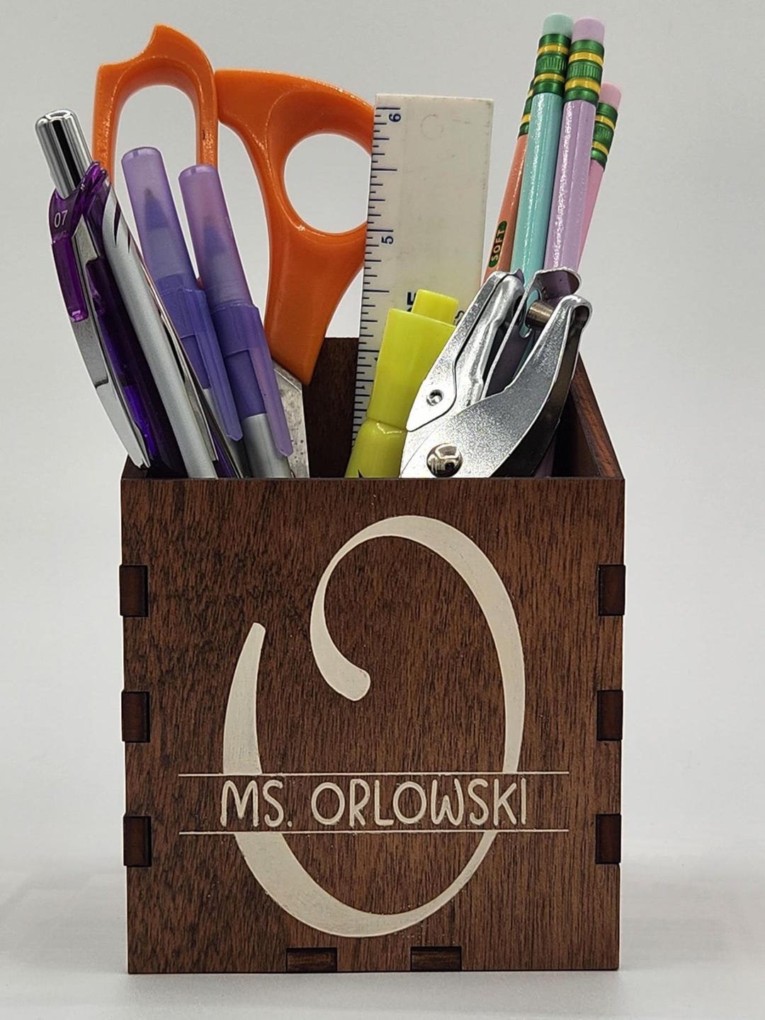 Personalized Wooden Teacher Pencil Holder: Engraved Name Desk Organizer ...