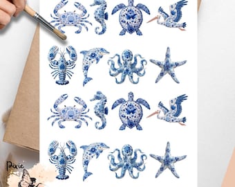 Delftware Ocean Critters 2, One Sheet Rice Paper US Letter Size