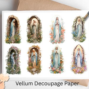 May include: Vellum Decoupage Paper featuring eight watercolor illustrations of the Virgin Mary. Each image depicts Mary in a different pose, surrounded by flowers and set within an archway or floral frame. The paper has a Pixie Decoupage logo.
