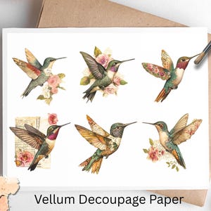 May include: Vellum decoupage paper featuring six watercolor hummingbird illustrations in flight, with floral accents. The hummingbirds have green, red, and brown feathers. The text "Vellum Decoupage Paper" is printed on the bottom.