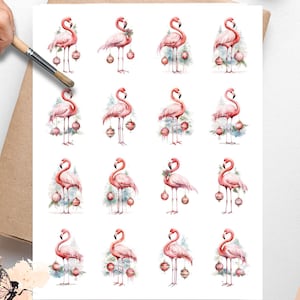 May include: Vellum decoupage paper featuring pink flamingo illustrations with Christmas ornaments. The flamingos are surrounded by greenery and ornaments. The paper has the text "Decoupage Vellum Paper" at the bottom.