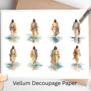 May include: Vellum decoupage paper featuring eight watercolor illustrations of a figure walking on water. The figure is depicted in flowing robes, with a serene expression. The illustrations are set against a backdrop of blue water.