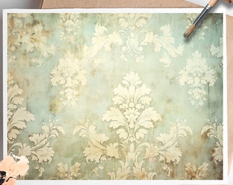 Antique Mint and Brass Damask Background 3 , One Sheet Rice Paper US Letter Size