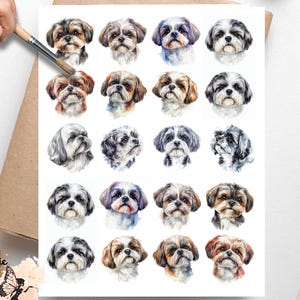 May include: Vellum decoupage paper featuring watercolor illustrations of Shih Tzu dog faces in various colors. The paper has a white background and the text "Vellum Decoupage Paper" is visible. A hand holding a paintbrush is in the upper left corner.