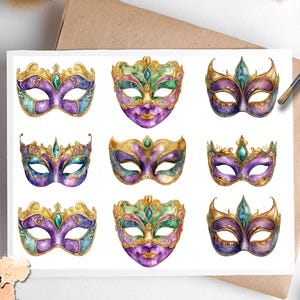 May include: Nine watercolor Mardi Gras masks in various designs, featuring gold, purple, green, and blue accents. The masks are arranged on a white background, with a brown envelope and decorative elements.
