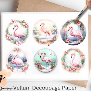 May include: Six pink flamingo illustrations on white vellum decoupage paper. Each illustration features a flamingo in a different pose with floral and wintery accents.