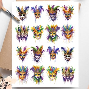 May include: Vellum decoupage paper featuring colorful watercolor illustrations of Venetian masks with feathers. The masks are in various colors, including purple, green, yellow, and orange. The paper has the text "Vellum Decoupage Paper" at the bottom.
