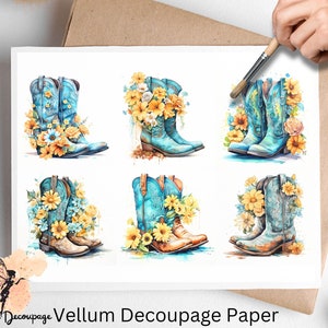 May include: Six watercolor illustrations of blue cowboy boots with yellow flowers on a white background. The boots are arranged in a grid pattern. The text "Vellum Decoupage Paper" is at the bottom of the image.