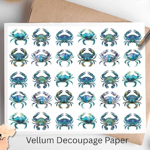 May include: Vellum decoupage paper featuring a repeating pattern of blue and teal watercolor crabs. The crabs have detailed claws and shells with hints of purple and green. The paper is on a white background with the text "Vellum Decoupage Paper".