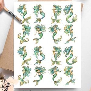 May include: Vellum decoupage paper featuring watercolor illustrations of mermaids with flowing teal hair and green and gold tails. The mermaids are in various poses. The paper has the text "Vellum Decoupage Paper" and the "Pixie Decoupage" logo.