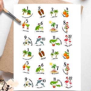 May include: Vellum decoupage paper featuring a tropical theme with numbered illustrations. The images include palm trees, flip-flops, oranges, cocktails, turtles, dolphins, flamingos, and alligators. The paper is designed for crafting and decorative projects.
