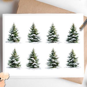 May include: A white card featuring eight watercolor illustrations of snow-covered evergreen trees. The trees are green with white snow accents, arranged in two rows of four. The card is on a brown envelope, with the Pixie Decoupage logo in the lower left corner.