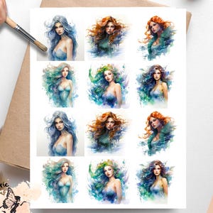 May include: Vellum decoupage paper featuring watercolor illustrations of women with flowing hair in shades of blue, green, and red. The paper has a Pixie Decoupage logo and the text "Vellum Decoupage Paper".