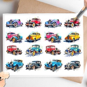 May include: A white card featuring a watercolor painting of sixteen vintage cars in various colors, including red, blue, yellow, and purple. The cars are arranged in four rows of four. The card has the text "Pixie Decoupage" in the bottom left corner.