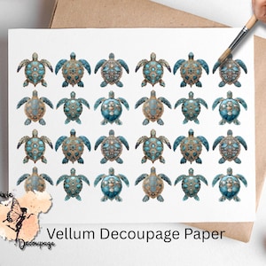 May include: A sheet of vellum decoupage paper featuring a repeating pattern of sea turtles in shades of teal, brown, and gold. The paper is on a white background with the text "Vellum Decoupage Paper".
