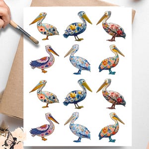 May include: Vellum decoupage paper featuring twelve watercolor pelican illustrations. Each pelican is adorned with floral patterns in various colors, including pink, blue, and yellow. The paper has the text "Vellum Decoupage Paper" at the bottom.