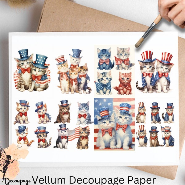 Patriotic Cats Collage 6, Decoupage Paper US Letter Size, Shipped To You