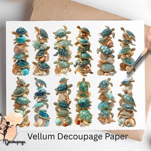 May include: Vellum decoupage paper featuring stacks of decorative turtles in shades of teal, turquoise, and brown. The turtles are arranged in vertical columns, creating a whimsical and artistic design. The paper has the text "Vellum Decoupage Paper".