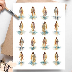 May include: A watercolor print featuring multiple depictions of a figure in flowing robes walking on water. The figure is depicted in various poses, with light and shadow effects. The print has a soft, artistic style.