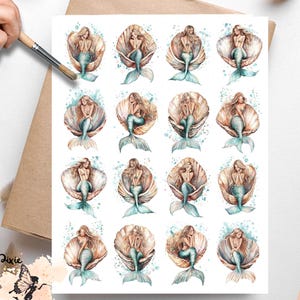May include: Vellum decoupage paper featuring watercolor illustrations of mermaids in seashells. Each mermaid has flowing hair and a teal tail. The seashells are a light brown color with blue accents. The paper is on a white background.