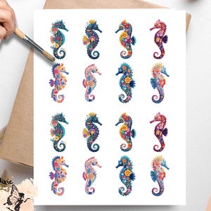 May include: Vellum decoupage paper featuring colorful seahorse designs. Each seahorse is adorned with floral patterns in shades of blue, pink, yellow, and purple. The paper has the text "Vellum Decoupage Paper" and a logo with the text "Pixie Decoupage".