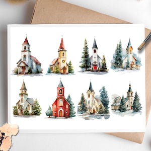 May include: Watercolor print featuring eight different churches with varying architectural styles and colors, including red, white, and yellow. Each church is surrounded by evergreen trees, creating a serene, wintery scene.