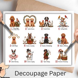 May include: A sheet of decoupage paper featuring twelve illustrations of dogs representing the Twelve Days of Christmas. Each numbered section displays a different dog breed with festive elements like birds, rings, geese, swans, and musical instruments.