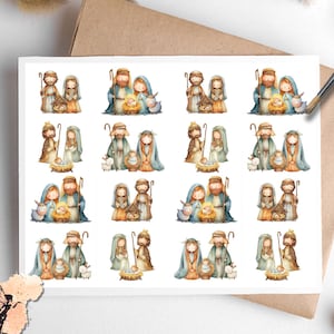 May include: A sheet of stickers featuring watercolor illustrations of the Nativity scene. Each sticker depicts Mary, Joseph, and baby Jesus, with shepherds and animals. The stickers have a soft, muted color palette.
