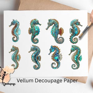 May include: Vellum decoupage paper featuring eight detailed seahorse illustrations. The seahorses have a teal and brown color scheme with accents of turquoise and gold. The paper is on a white background with the text "Vellum Decoupage Paper".