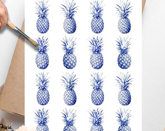 Blue Ink Pineapple  2 , One Sheet Rice Paper US Letter Size