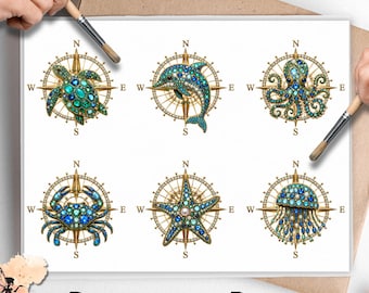 Jeweled Compass Sea Critters 1, One Sheet Rice Paper US Letter Size