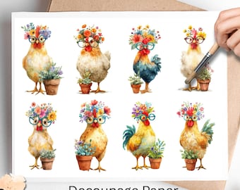 Whimsical Chickens 1, One Sheet Rice Paper US Letter Size