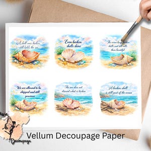 May include: Vellum decoupage paper featuring six watercolor illustrations of seashells on a beach. Each image has a different quote about shells. The paper is on a brown background with a hand holding a paintbrush.