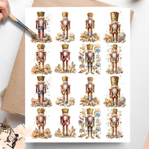 May include: Vellum decoupage paper featuring watercolor illustrations of nutcrackers. Each nutcracker is depicted in various uniforms, standing on a bed of seashells and stones. The paper has a Pixie Decoupage logo.