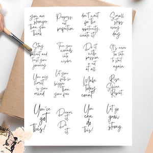 May include: Vellum decoupage paper with inspirational quotes in black script. The sheet includes phrases like "You are stronger than you think" and "Dream it. Do it."