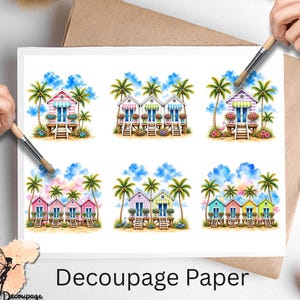 May include: A sheet of decoupage paper featuring six distinct watercolor illustrations of colorful beach huts on stilts, surrounded by palm trees, tropical flowers, and blue skies with fluffy clouds, arranged in a grid pattern on a white background.