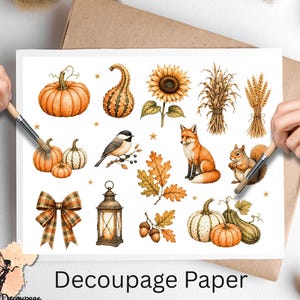 May include: A sheet of decoupage paper featuring a collection of autumn-themed illustrations including pumpkins, gourds, a sunflower, wheat stalks, a chickadee, a fox, a squirrel, oak leaves, acorns, a plaid bow, and a vintage-style lantern.