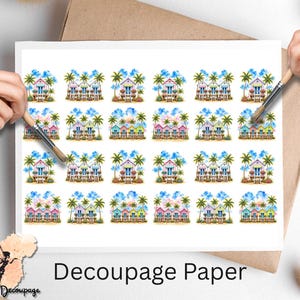 May include: A sheet of decoupage paper featuring a repeating grid pattern of colorful beach huts surrounded by palm trees and blue skies. Each small square illustration depicts a tropical scene with vibrant houses, green foliage, and sandy ground.