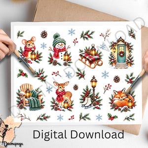 May include: A sheet of Christmas-themed illustrations featuring a mouse, snowman, sled, cabin door, deer, lantern, fox, and chair, all decorated with pine branches, berries, pinecones, and snowflakes, with the text Digital Download.