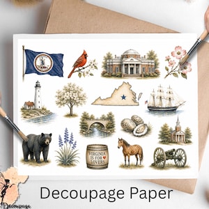 May include: A sheet of decoupage paper featuring various Virginia-themed illustrations including the state flag, a cardinal, Monticello, a lighthouse, a map, a sailing ship, a black bear, a horse, a cannon, and a barrel labeled Virginia is for Lovers.