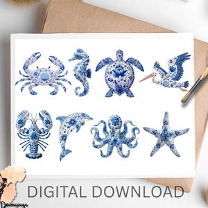May include: A white card with blue and white illustrations of marine life, such as a crab, seahorse, turtle, pelican, lobster, dolphin, octopus, and starfish. The words "DIGITAL DOWNLOAD" are printed at the bottom of the card.