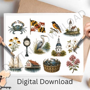 May include: A digital download sheet featuring a collection of Maryland-themed illustrations including a blue crab, the Maryland state flag, an oriole, a lighthouse, black-eyed Susans, a street clock, a heron, a domed building, and a sailboat.