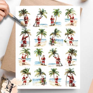 May include: Vellum decoupage paper featuring multiple Santa Claus illustrations on a beach with palm trees. Each Santa is wearing a red suit and hat. The paper has a watercolor style with the text "Decoupage Vellum Decoupage Paper".